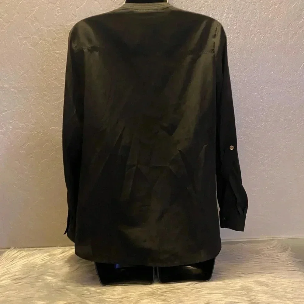 Michael Kors Women's Petite SM Black Utility Blouse Gold Button Long Sleeve Top